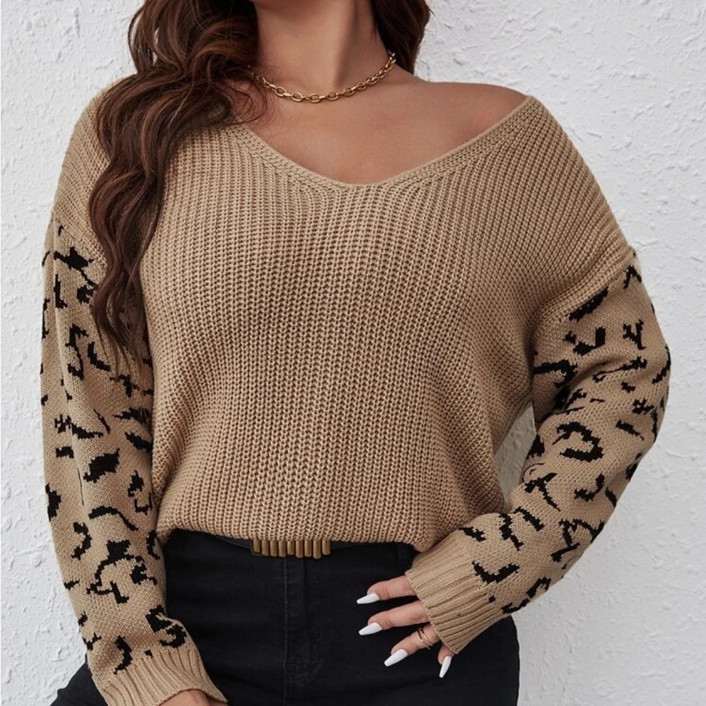 Women's Tan V-Neck Sweater with Black Pattern